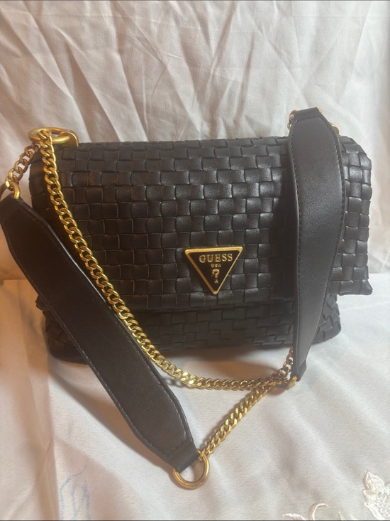 Guess Handbags - Guess Black Woven Shoulder Bag with Gold-Tone Chain
